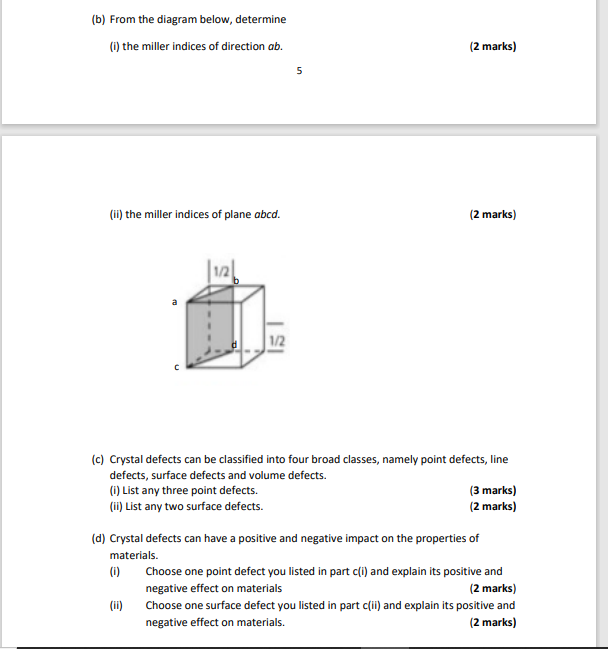 B From The Diagram Below Determine 1 The Miller Indices Of Direction Ab 2 Marks 5 Ii The Miller Indices Of Pla 1