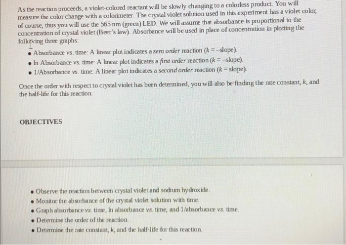 1 Was The Reaction Zero First Or Second Order With Respect To The Concentration Of Crystal Violet Explain 2 Calcu 6