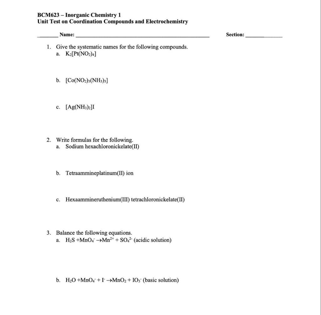 Bcm623 Inorganic Chemistry 1 Unit Test On Coordination Compounds And Electrochemistry Name 1 Give The Systematic Names 1