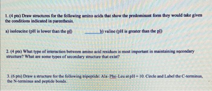 1 4 Pts Draw Structures For The Following Amino Acids That Show The Predominant Form They Would Take Given The Condit 1