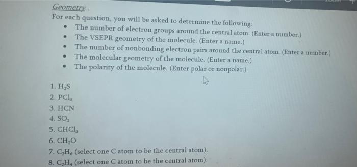 Geometry For Each Question You Will Be Asked To Determine The Following The Number Of Electron Groups Around The Cent 1