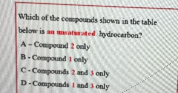 Which Of The Compounds Below Is An Unsaturated A Compound 2 Only I Only B Compound C Compounds D Compounds Shown In Th 1