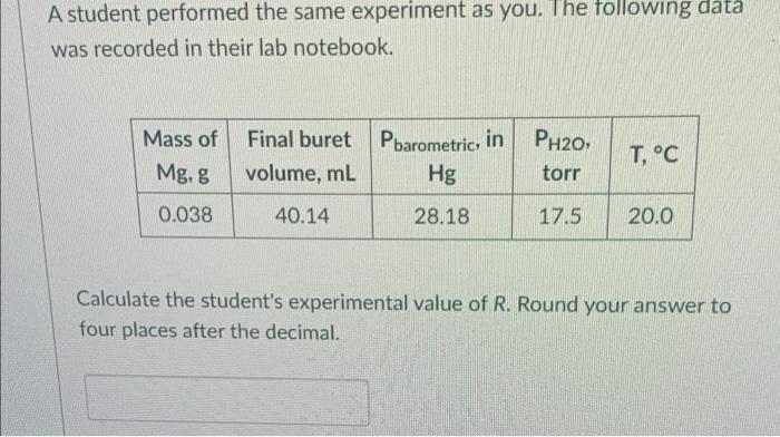 A Student Performed The Same Experiment As You The Following Data Was Recorded In Their Lab Notebook Mass Of Mg G Fin 1