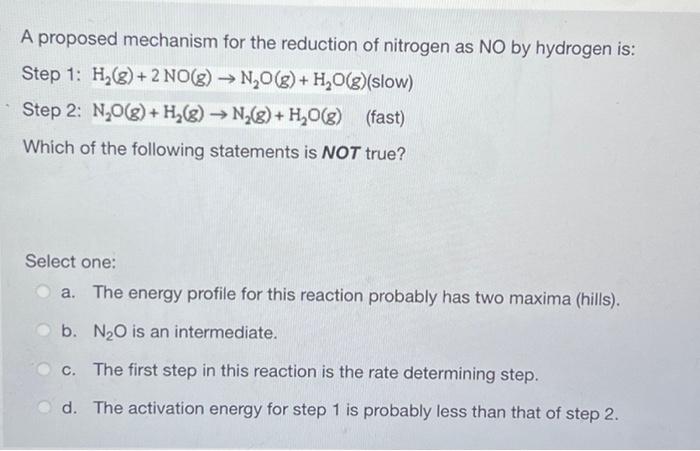 A Proposed Mechanism For The Reduction Of Nitrogen As No By Hydrogen Is Step 1 H G 2 No G N O G H O G Slow 1