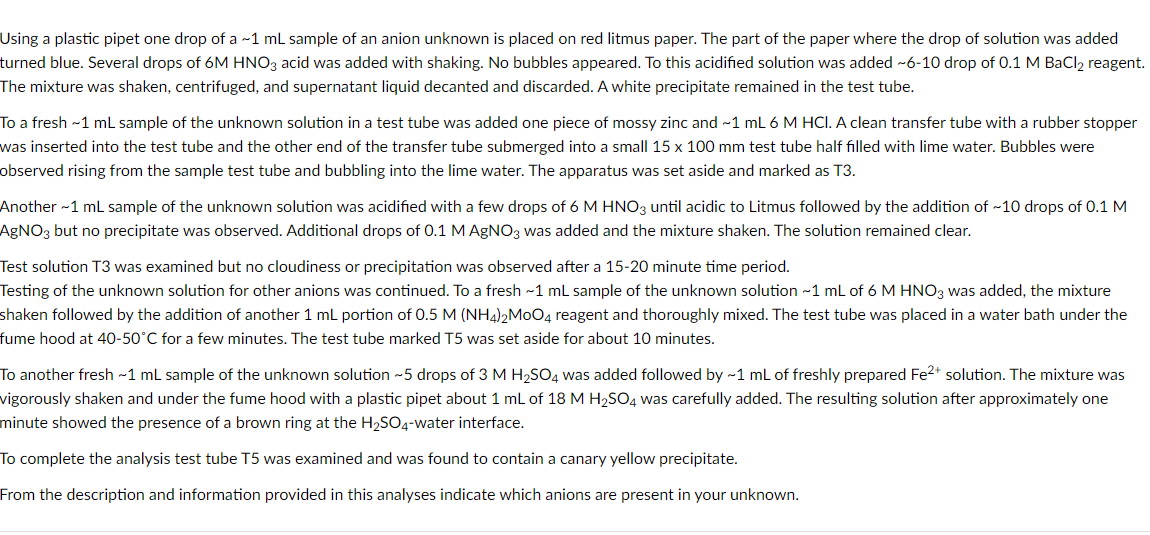 Using A Plastic Pipet One Drop Of A 1 Ml Sample Of An Anion Unknown Is Placed On Red Litmus Paper The Part Of The Pape 1