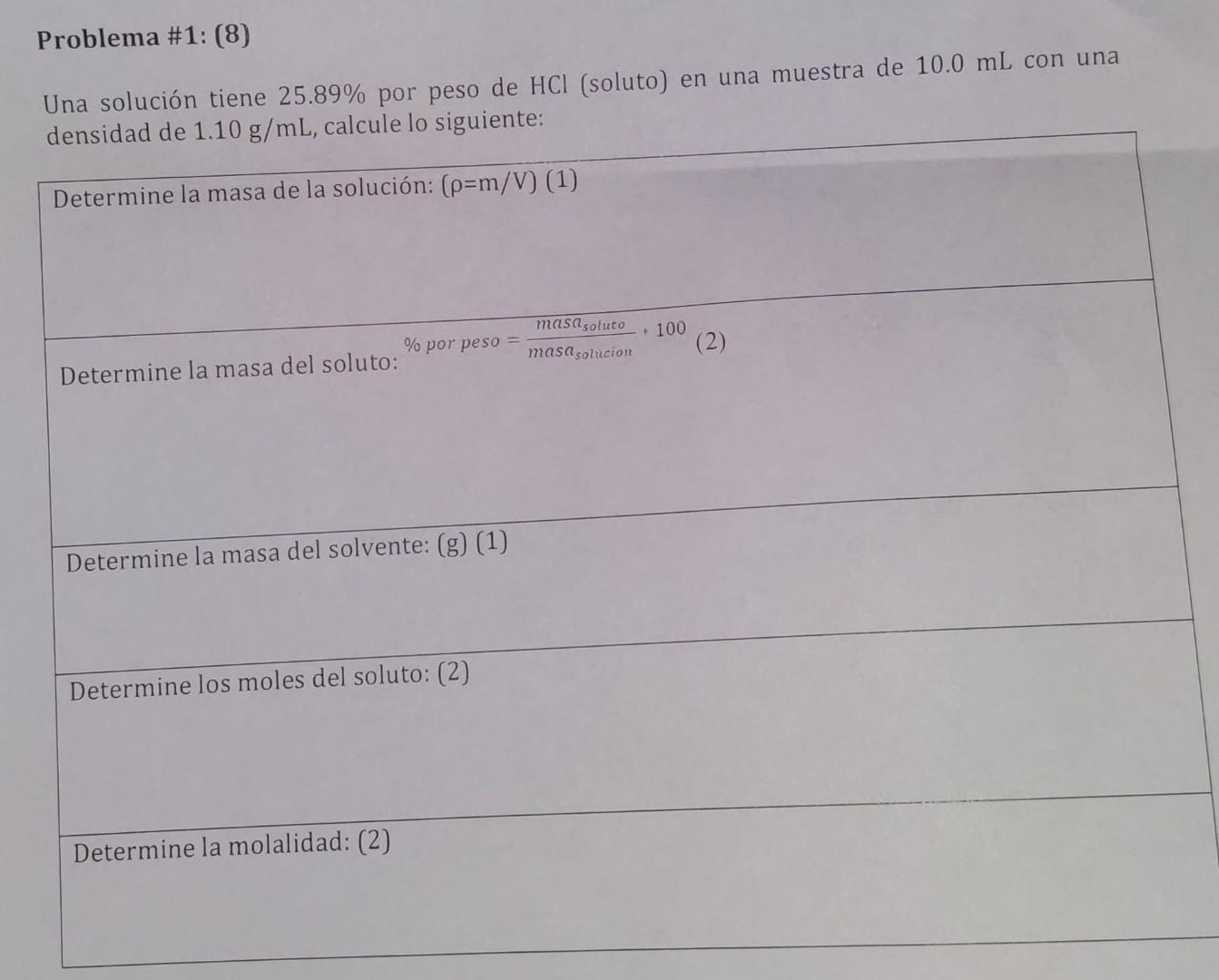 Problema 1 8 Una Solucion Tiene 25 89 Por Peso De Hcl Soluto En Una Muestra De 10 0 Ml Con Una Densidad De 1 10 G 1