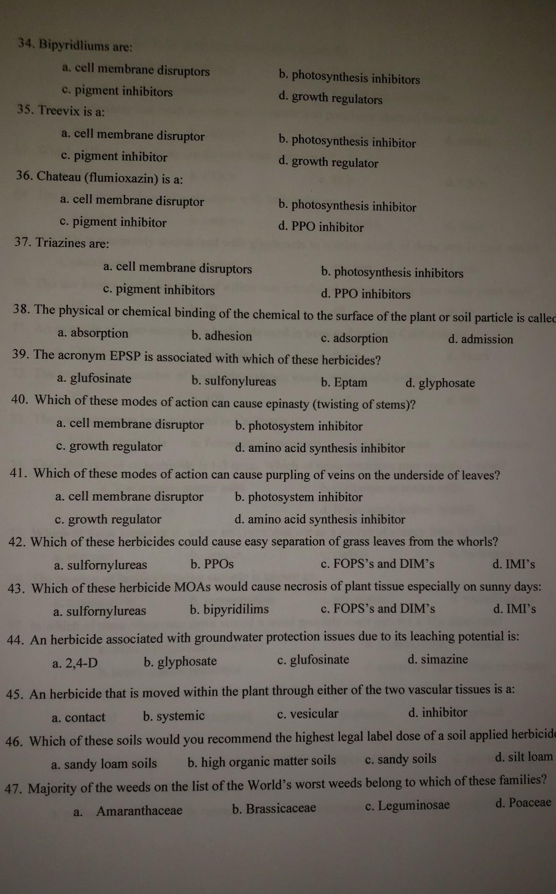 34 Bipyridliums Are A Cell Membrane Disruptors B Photosynthesis Inhibitors C Pigment Inhibitors D Growth Regulator 1