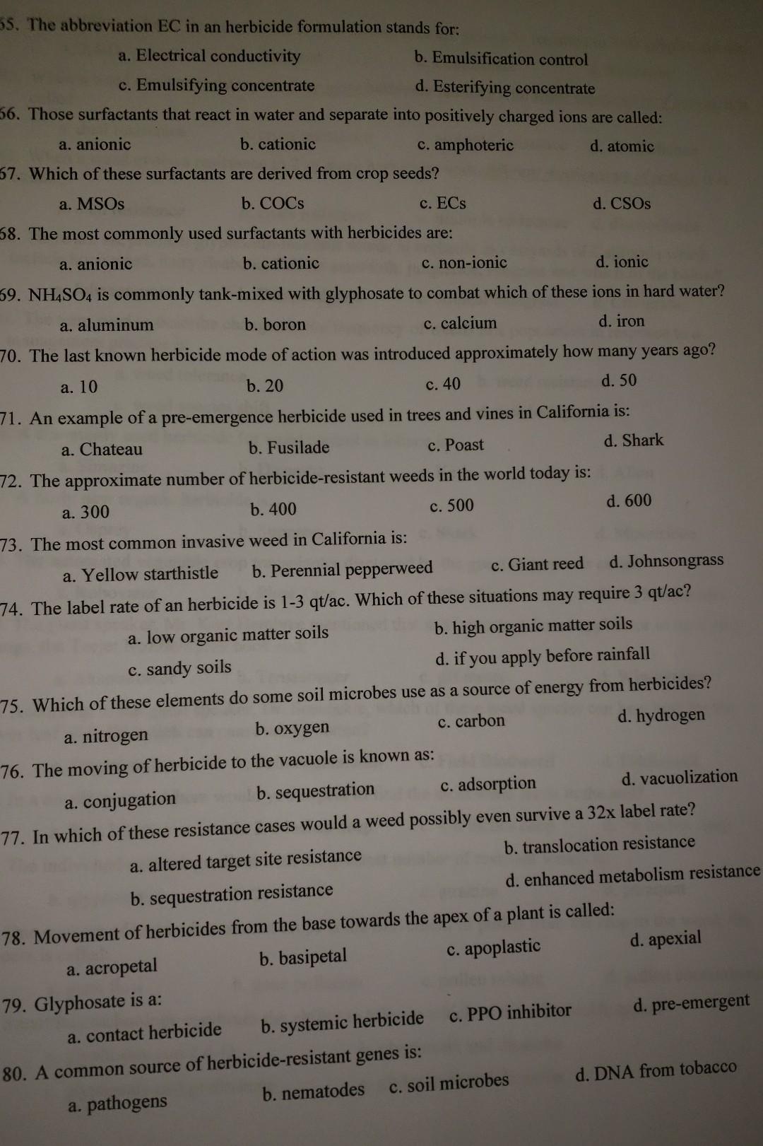 55 The Abbreviation Ec In An Herbicide Formulation Stands For A Electrical Conductivity B Emulsification Control C 1