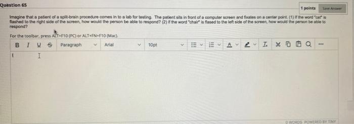Question 65 1 Points Imagine That A Patient Of A Split Brain Procedure Comes Into A Lab For Testing The Patient Sits In 1
