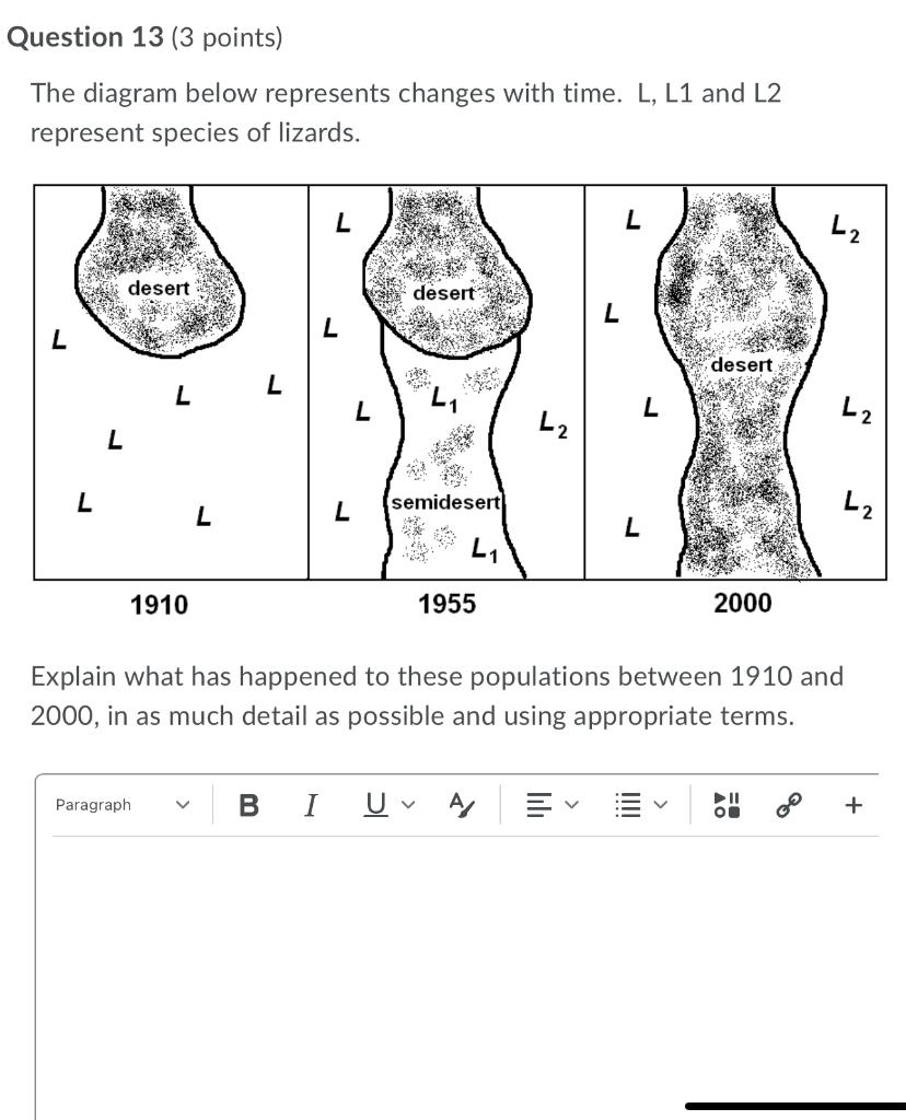 Question 13 3 Points The Diagram Below Represents Changes With Time L L1 And L2 Represent Species Of Lizards L L2 D 1