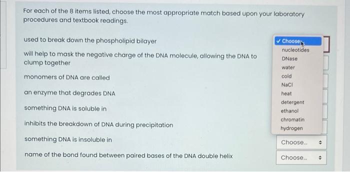 For Each Of The 8 Items Listed Choose The Most Appropriate Match Based Upon Your Laboratory Procedures And Textbook Rea 1