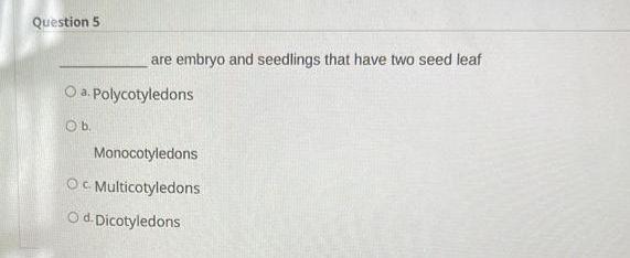 Question 5 Are Embryo And Seedlings That Have Two Seed Leaf O A Polycotyledons A Ob Monocotyledons Oc Multicotyledons O 1