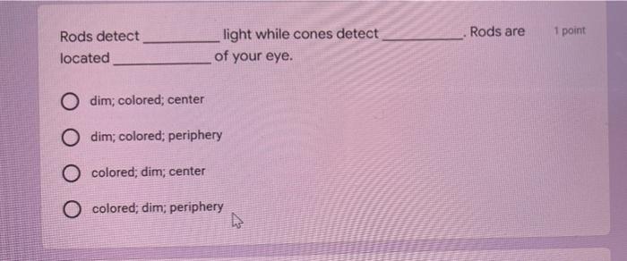 Rods Are 1 Point Rods Detect Located Light While Cones Detect Of Your Eye O Dim Colored Center O Dim Colored Periphe 1