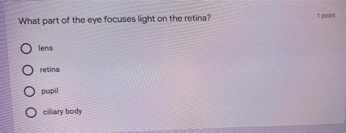 1 Point What Part Of The Eye Focuses Light On The Retina O Lens O Retina O Pupil O Ciliary Body 1