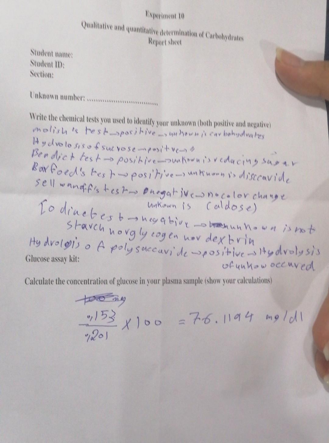 Experiment 10 Qualitative And Quantitative Determination Of Carbohydrates Report Sheet Student Name Student Id Section 1