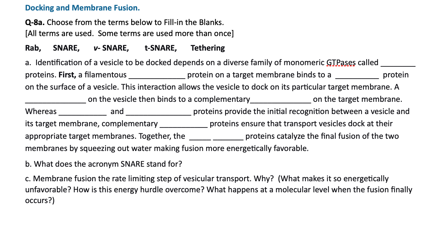 Docking And Membrane Fusion Q 8a Choose From The Terms Below To Fill In The Blanks All Terms Are Used Some Terms Ar 1