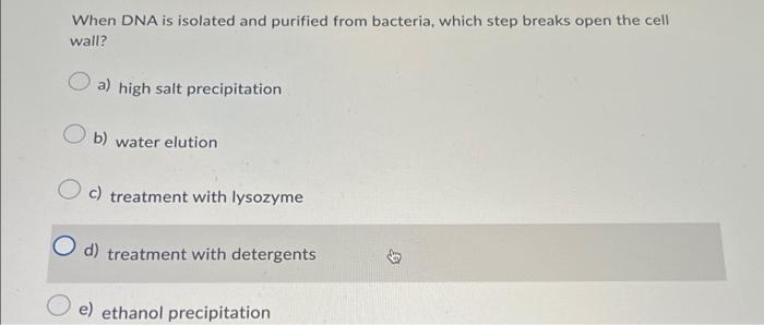 When Dna Is Isolated And Purified From Bacteria Which Step Breaks Open The Cell Wall A High Salt Precipitation Ob Wa 1