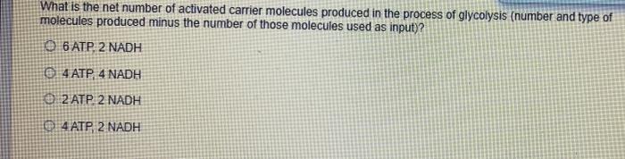 What Is The Net Number Of Activated Carrier Molecules Produced In The Process Of Glycolysis Number And Type Of Molecule 1