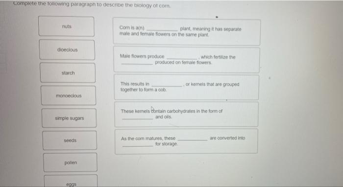 Complete The Following Paragraph To Describe The Biology Of Com Nuts Com Is An Plant Meaning It Has Separate Male And 1