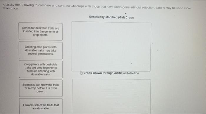 Classity The Following To Compare And Contrast Gm Crops With Those That Have Undergone Artihciat Selection Labels May B 1