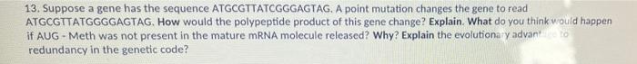 13 Suppose A Gene Has The Sequence Atgcgttatcgggagtag A Point Mutation Changes The Gene To Read Atgcgttatggggagtag Ho 1
