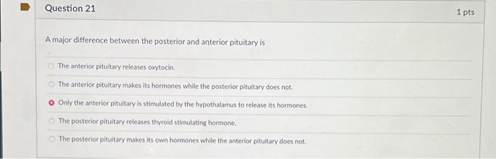 Question 21 1 Pts A Major Difference Between The Posterior And Anterior Pituitary Is The Anterior Pituitary Releases Oxy 1