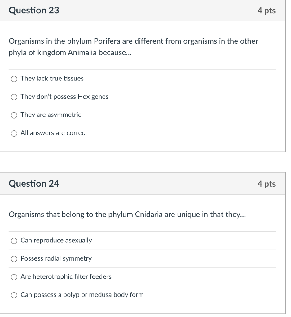 Question 23 4 Pts Organisms In The Phylum Porifera Are Different From Organisms In The Other Phyla Of Kingdom Animalia B 1