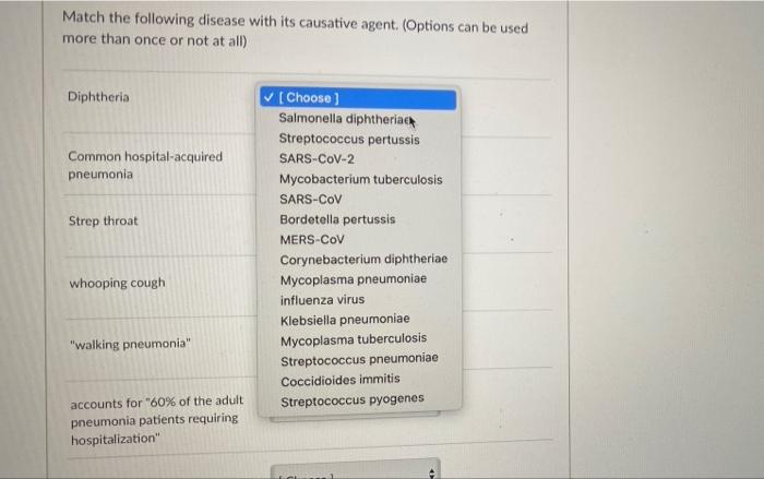 Match The Following Disease With Its Causative Agent Options Can Be Used More Than Once Or Not At All Diphtheria Ch 1