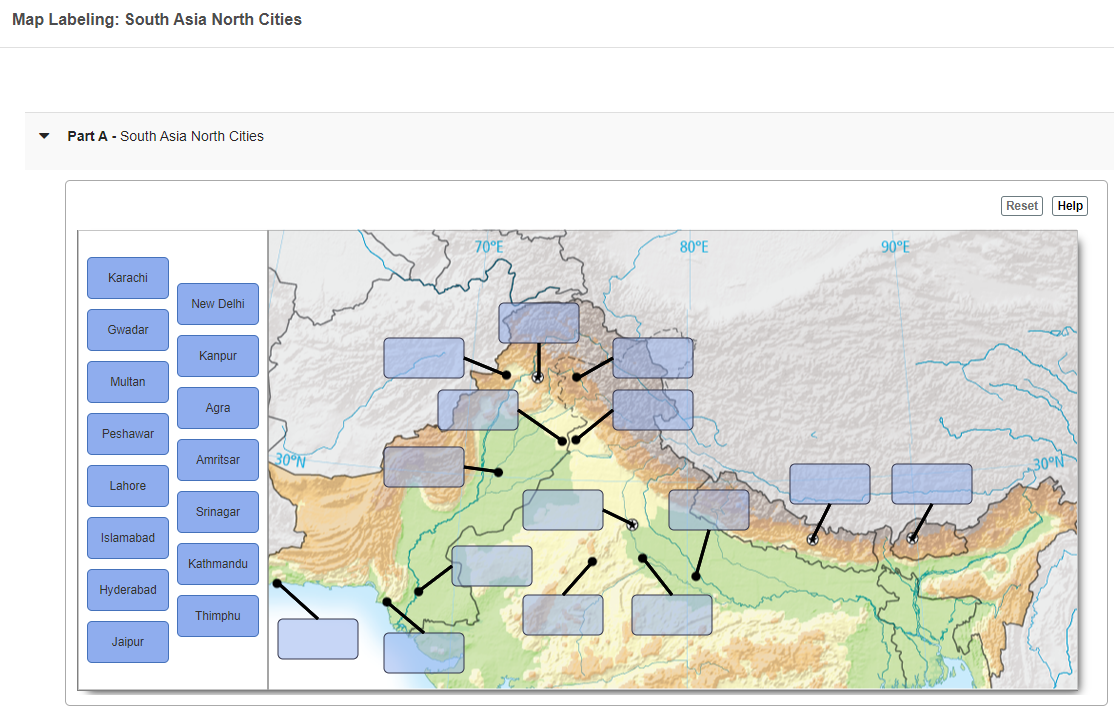 Map Labeling South Asia North Cities Part A South Asia North Cities Reset Help 70 E 80 E 90 E Karachi New Delhi Gwada 1