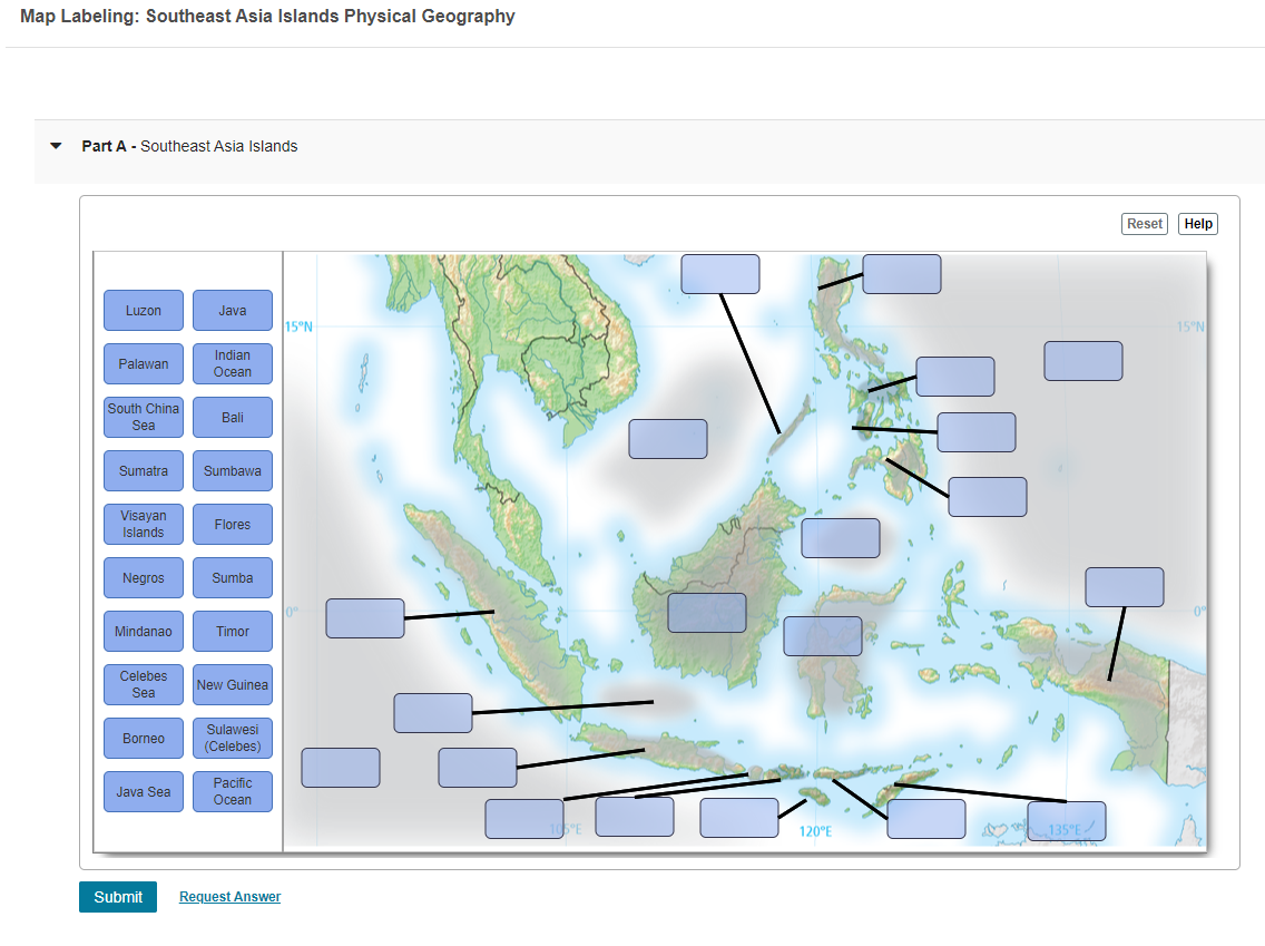Map Labeling Southeast Asia Islands Physical Geography Part A Southeast Asia Islands Reset Help Luzon Java 15 N 15 N 1