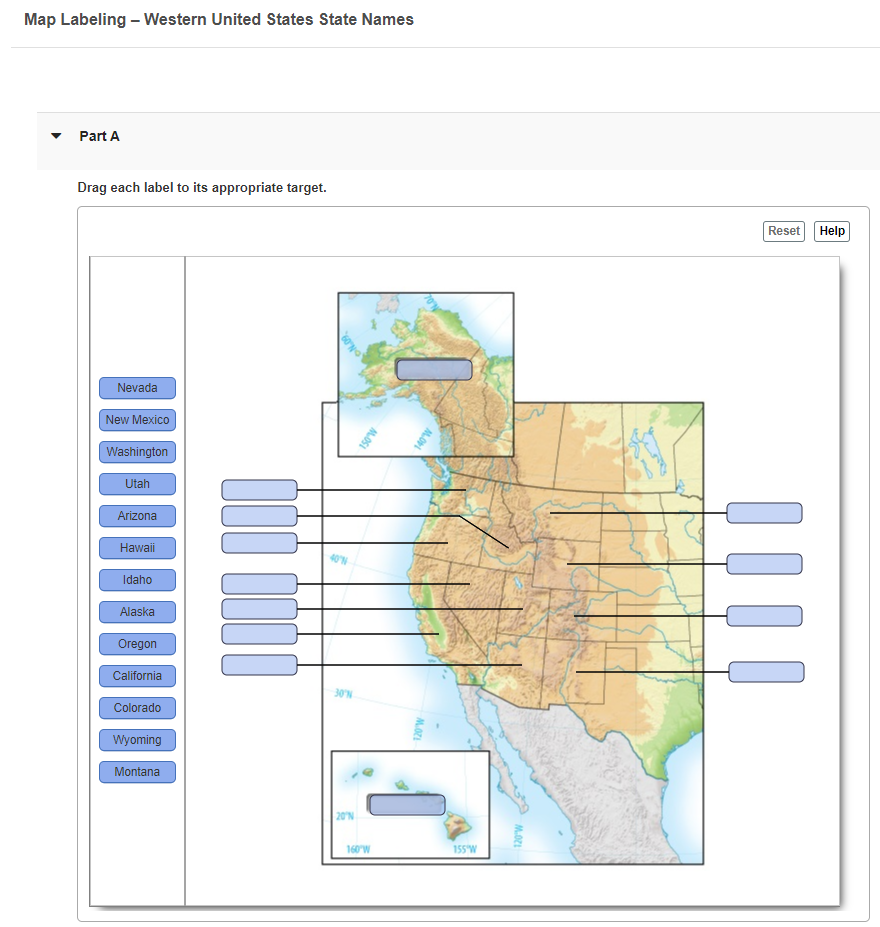Map Labeling Western United States State Names Part A Drag Each Label To Its Appropriate Target Reset Help Ono Nevada 1