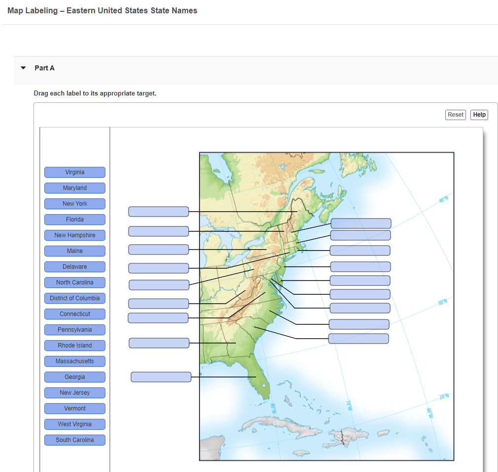 Map Labeling Eastern United States State Names Part A Drag Each Label To Its Appropriate Target Reset Help Virginia M 1