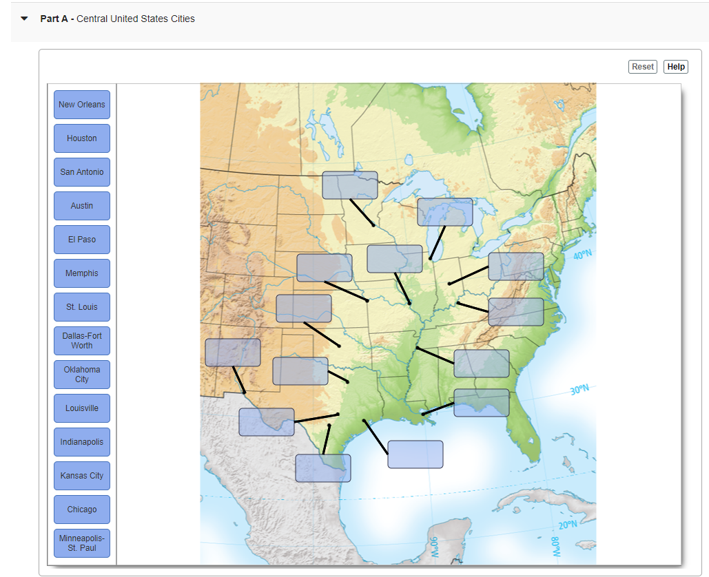 Part A Central United States Cities Reset Help New Orleans Houston San Antonio Austin El Paso 40 N Memphis St Louis D 1