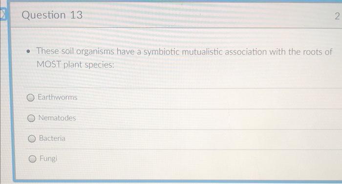 Question 13 N These Soil Organisms Have A Symbiotic Mutualistic Association With The Roots Of Most Plant Species Eart 1