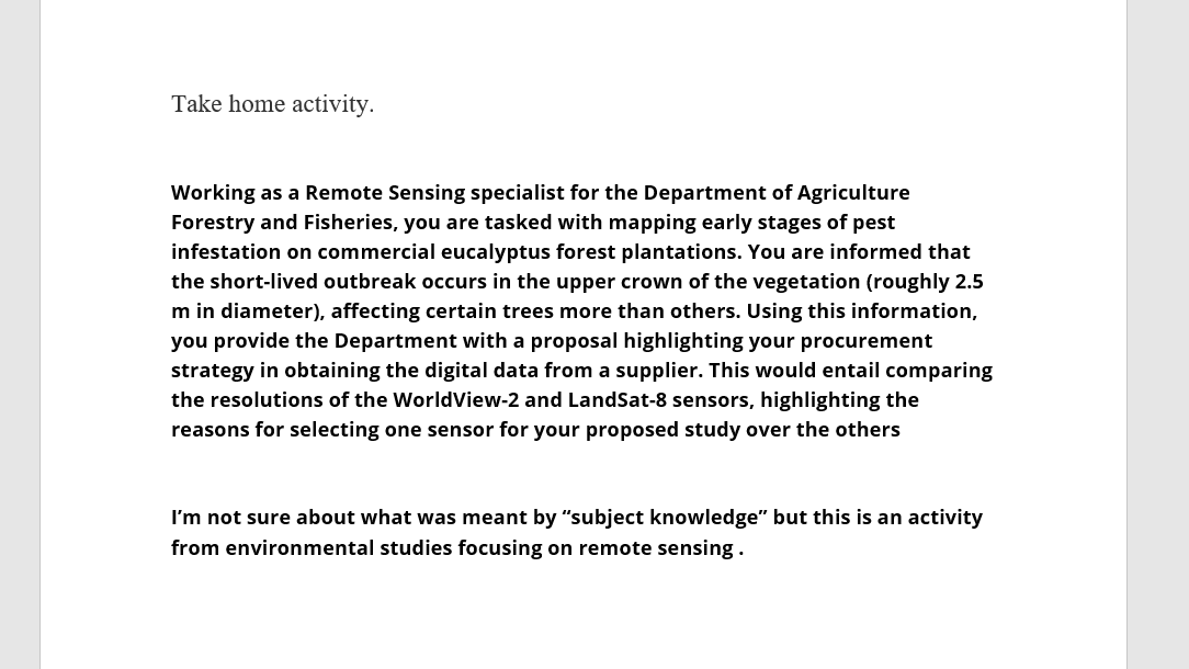 Take Home Activity Working As A Remote Sensing Specialist For The Department Of Agriculture Forestry And Fisheries You 1