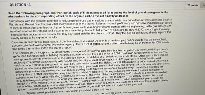 Question 13 20 Points 5 Read The Following Paragraph And Then Match Each Of 5 Ideas Proposed For Reducing The Level Of G 1
