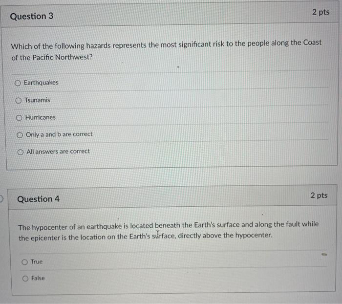 2 Pts Question 3 Which Of The Following Hazards Represents The Most Significant Risk To The People Along The Coast Of Th 1