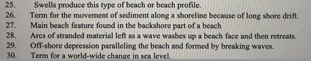 25 26 27 28 29 30 Swells Produce This Type Of Beach Or Beach Profile Term For The Movement Of Sediment Along A Sh 1