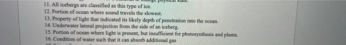 Wage Physical State 11 All Icebergs Are Classified As This Type Of Ice 12 Portion Of Ocean Where Sound Travels The S 4