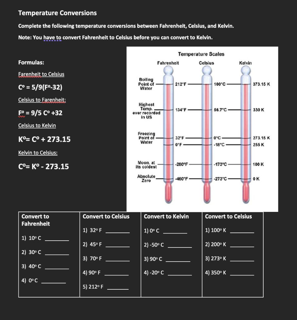 Temperature Conversions Complete The Following Temperature Conversions Between Fahrenheit Celsius And Kelvin Note Yo 1