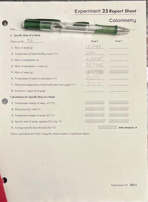 Experiment 25 Report Sheet Calorimetry Dole A Specific Heat Of A Metal L Nknown No 94 Trial Trial 2 1 Mass Of Metal 1