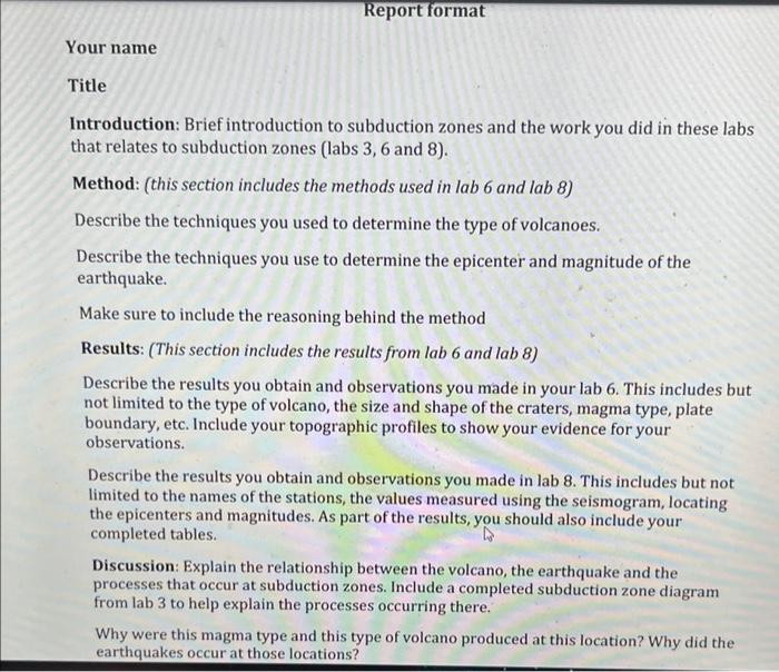 Report Format Your Name Title Introduction Brief Introduction To Subduction Zones And The Work You Did In These Labs Th 1