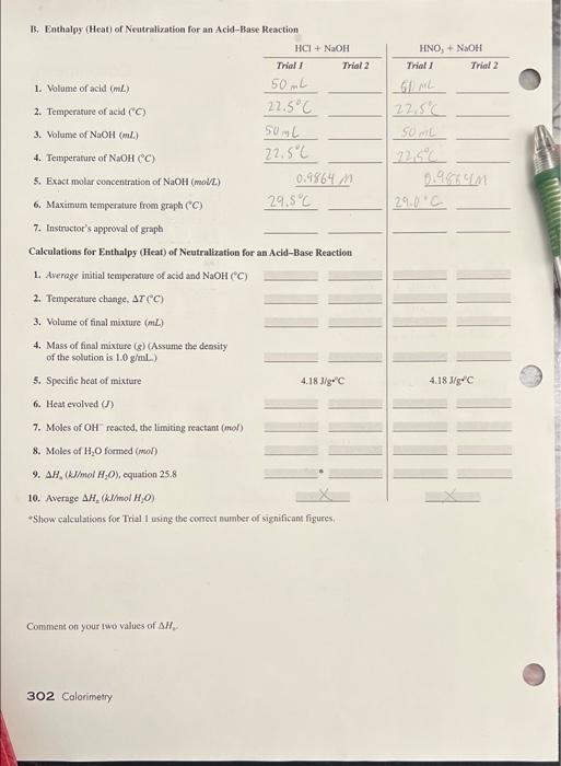 Experiment 25 Report Sheet Calorimetry Dole A Specific Heat Of A Metal L Nknown No 94 Trial Trial 2 1 Mass Of Metal 2