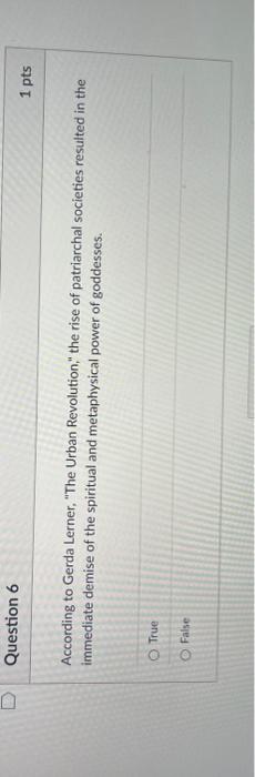 0 Question 6 1 Pts According To Gerda Lerner The Urban Revolution The Rise Of Patriarchal Societies Resulted In The 1