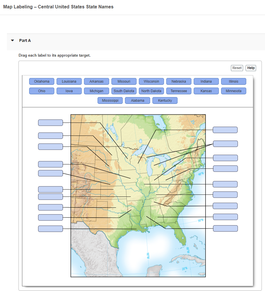Map Labeling Central United States State Names Part A Drag Each Label To Its Appropriate Target Reset Help Oklahoma L 1
