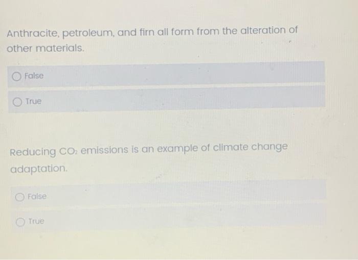 Anthracite Petroleum And Firn All Form From The Alteration Of Other Materials False True Reducing Co2 Emissions Is An 1