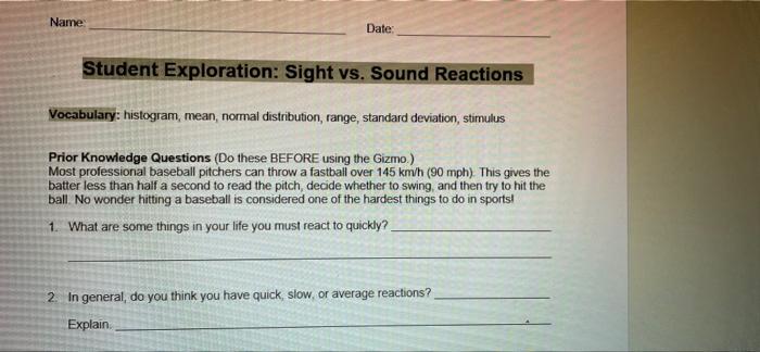 Name Date Student Exploration Sight Vs Sound Reactions Vocabulary Histogram Mean Normal Distribution Range Stand 1
