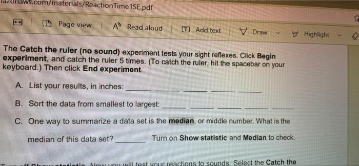 Com Materials Reactiontime 1se Pdf Cd Page View As Read Aloud Add Text V Draw Highlight The Catch The Ruler No Sound 1