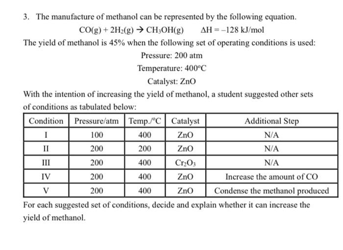 3 The Manufacture Of Methanol Can Be Represented By The Following Equation Co G 2h2 G Ch3oh G Ah 128 Kj Mol 1