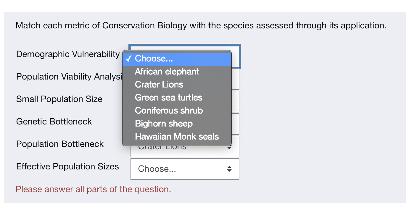 Match Each Metric Of Conservation Biology With The Species Assessed Through Its Application Demographic Vulnerability 1